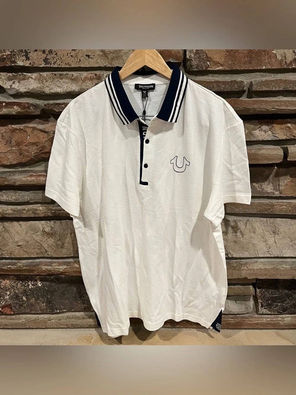 True Religion 100% Cotton White Gusset Polo with Navy Trim